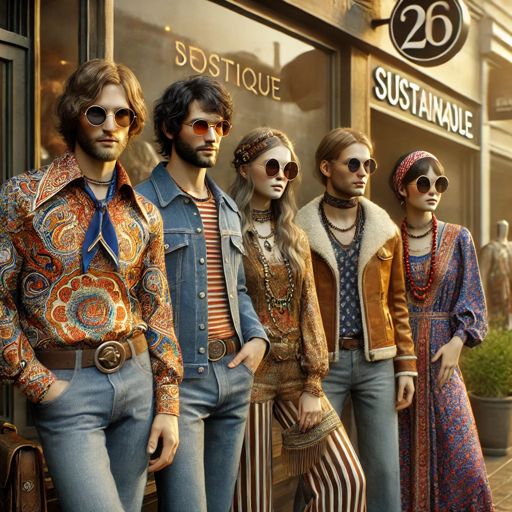 Group of stylish individuals wearing vintage fashion outfits with retro shoes and accessories, embracing sustainable style in an urban setting