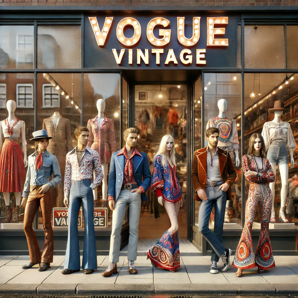 Vogue Vintage boutique showcasing a collection of timeless fashion pieces, including retro clothing, accessories, and second-hand luxury finds