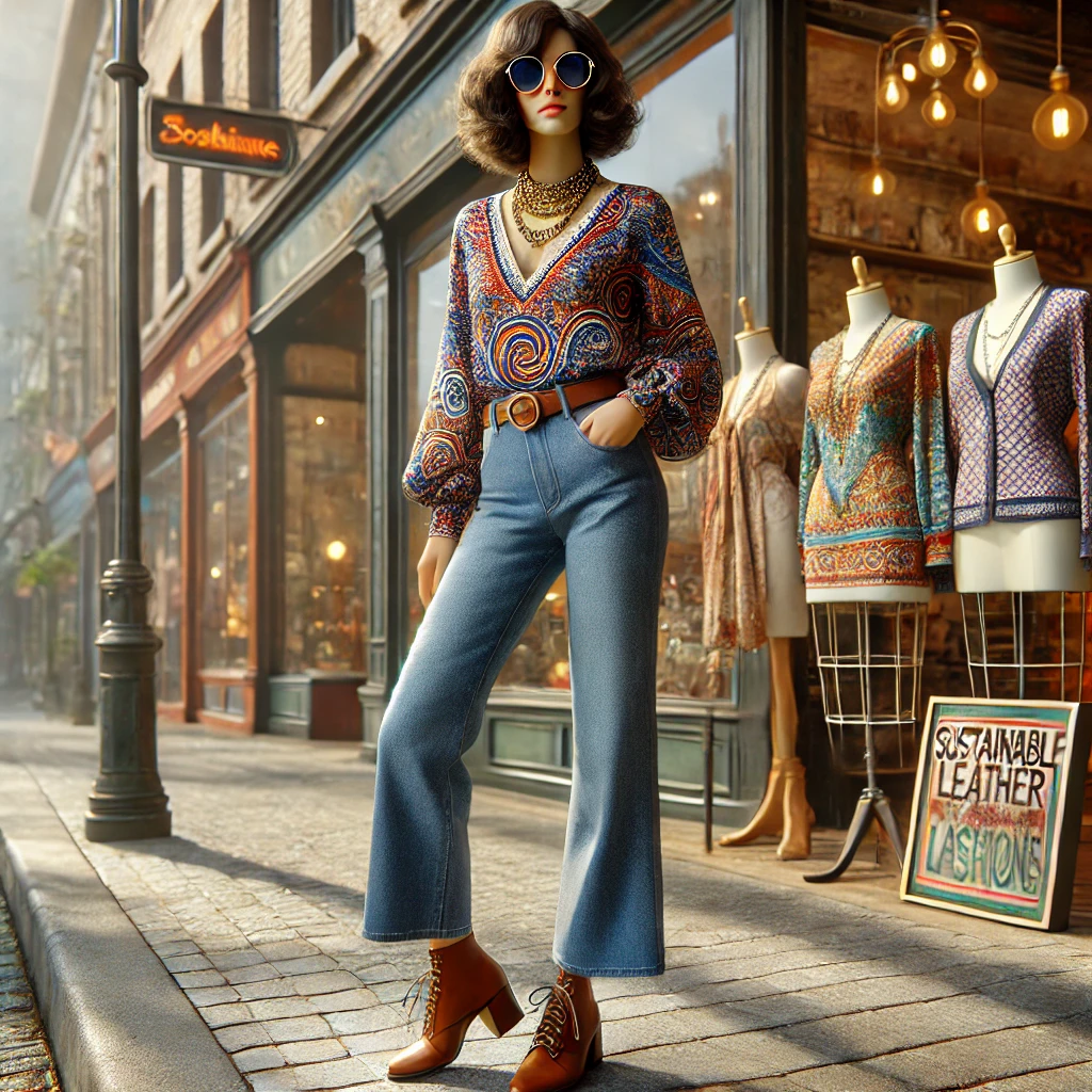A model dressed in vintage-inspired outfits with a mix of 70s retro style and modern fashion, highlighting eco-friendly fashion choices