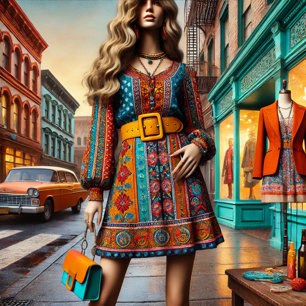 A vibrant street scene featuring a model in a colorful vintage gown style with sustainable accessories, representing rare fashion finds