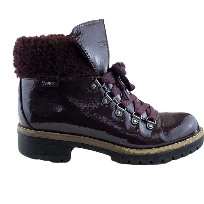 Vintage Esprit patent leather hiking boot with faux fur collar, side view.