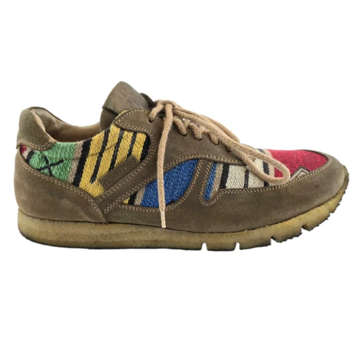 vintage suede and woven fabric sneaker with multicolored geometric patterns.