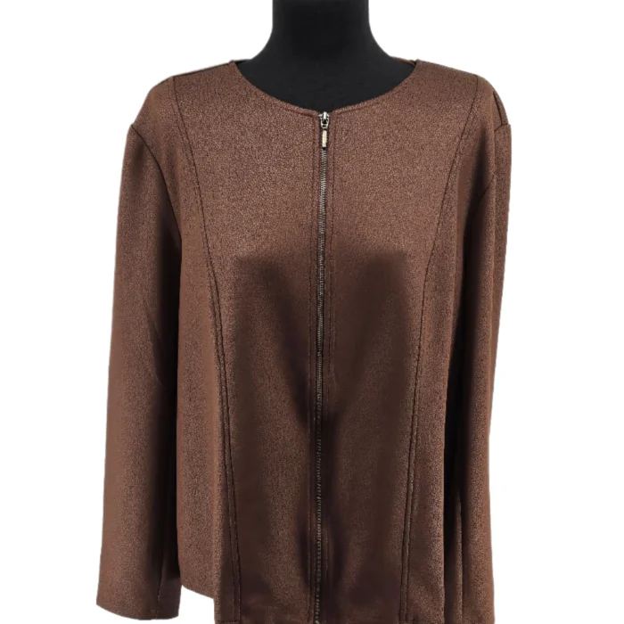 Front view of Vintage Sweater KIM&co – brown zip-up retro jacket with long sleeves