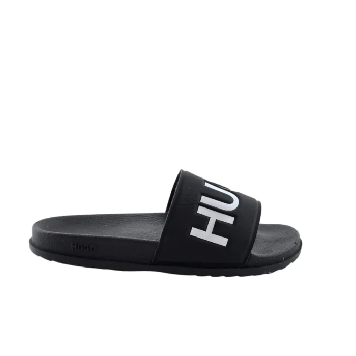 Black vintage Hugo slides with a bold white logo, classic retro design