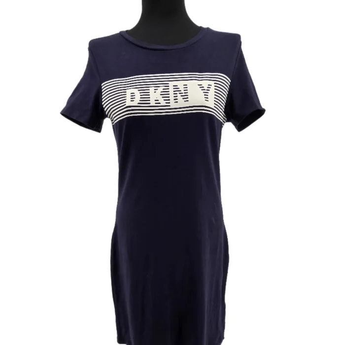 Front view of a navy blue Vintage Dress DKNY with white logo and striped design – casual t-shirt dress style.