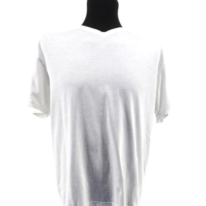 Front view of white Christian Berg V-neck vintage T-shirt on black mannequin – classic minimal look
