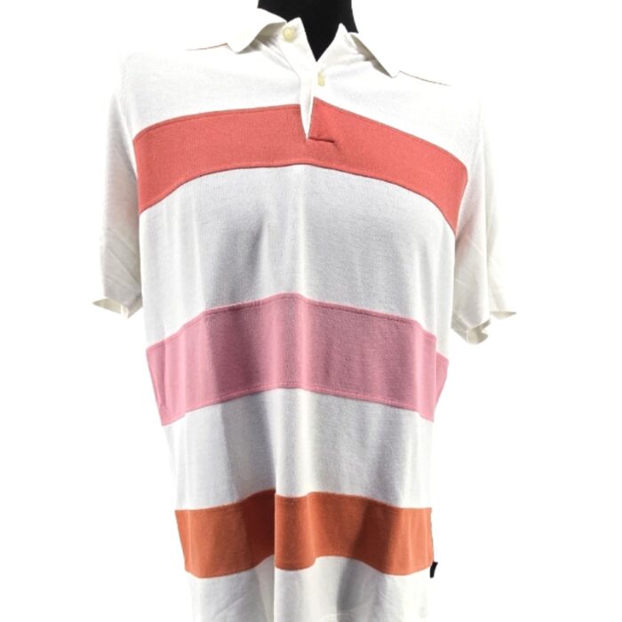 Vintage Hugo Boss polo shirt front view with orange, pink, and red stripes