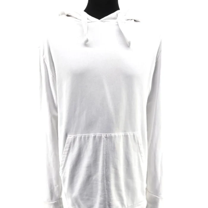 Front view of a white Hilfiger Edition hoodie with kangaroo pocket and drawstring hood, displayed on a black mannequin.