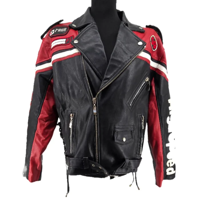 Vintage Jake Camel Lederjacke im Rennsport-Stil mit roten Akzenten