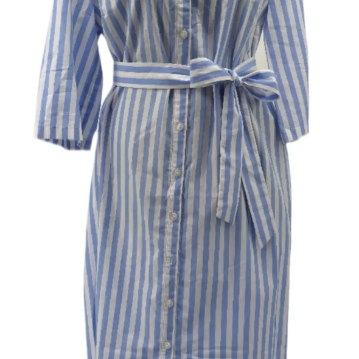 Blue and white striped vintage shirt dress with belt, front view – White Label