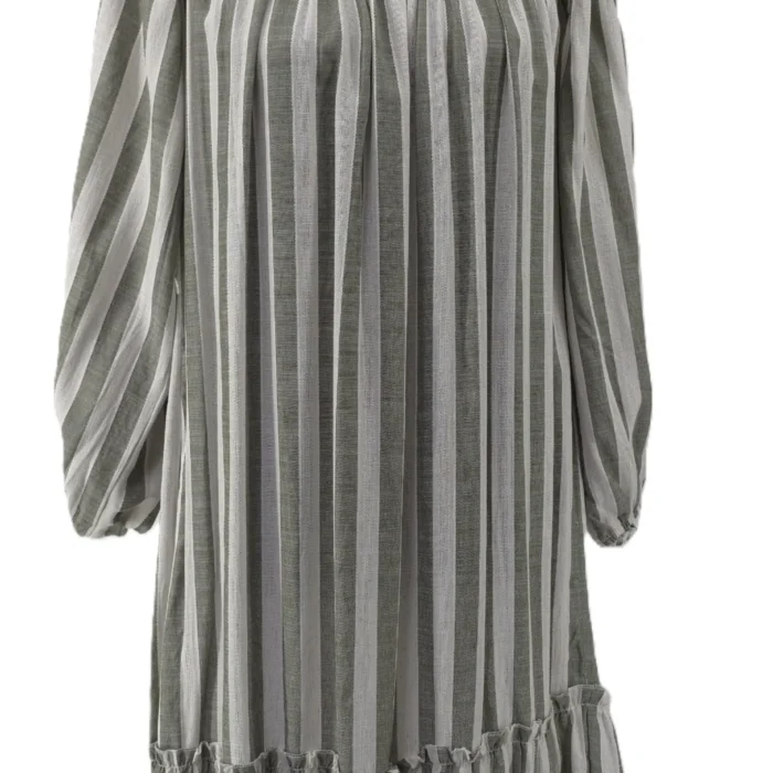 Front view of vintage dress Reserved with green and white vertical stripes and ruffled hem