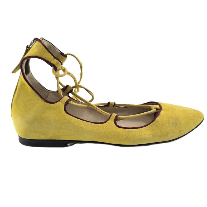 Yellow suede vintage lace-up shoes with burgundy trim, side view