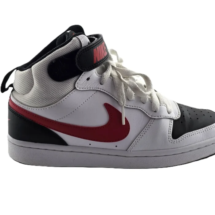 Side view of Vintage sneackers NIKE Court Borough Mid 2 in white, red and black retro design.