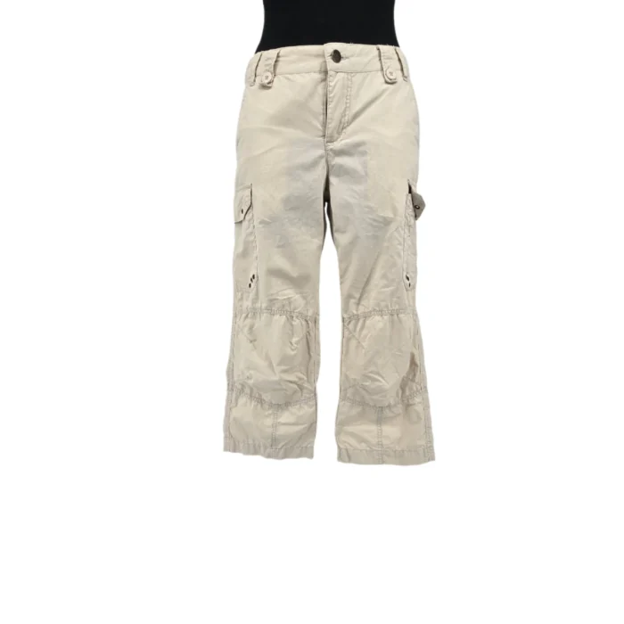 Front view of OCK khaki vintage cropped trousers with utility pockets