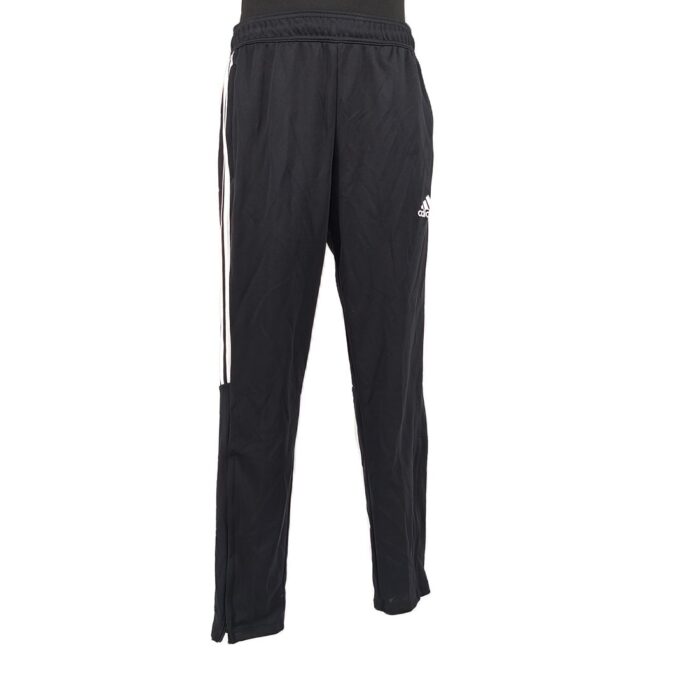Front view of Adidas black track pants with white side stripes