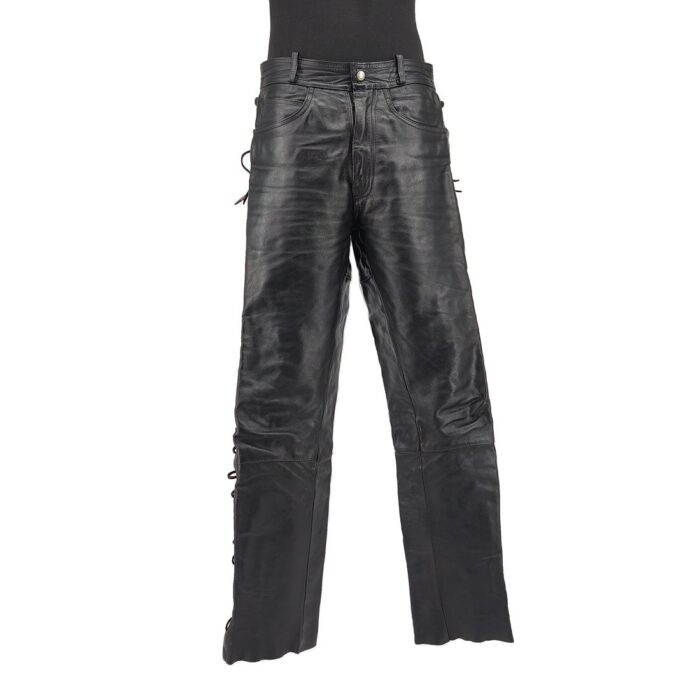 Front view of vintage black leather trousers with lace-up sides