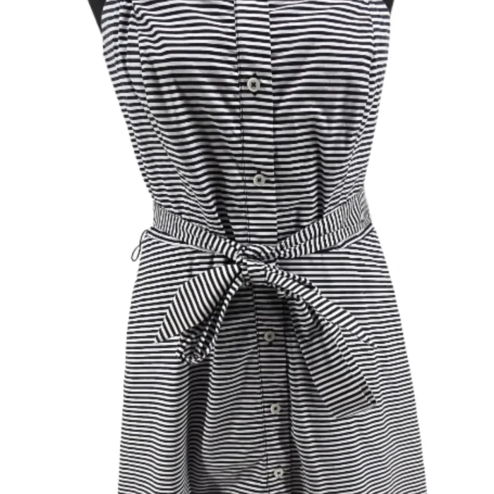 Front view of vintage dress Banana Republic striped cotton with belted waist.
