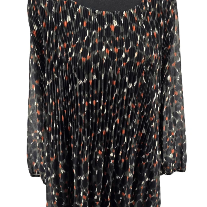 Front view of vintage dress Senes in pleated retro style with multicolor print