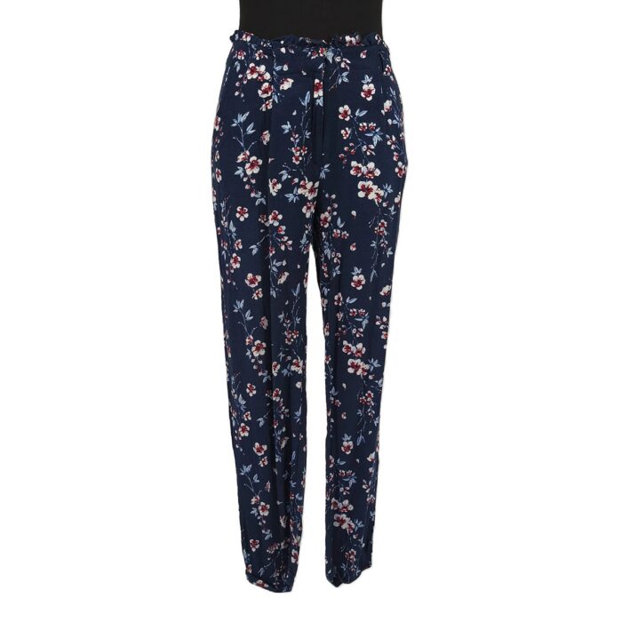 Front view of navy floral paperbag-waist vintage trousers by G!na, EU size 36.