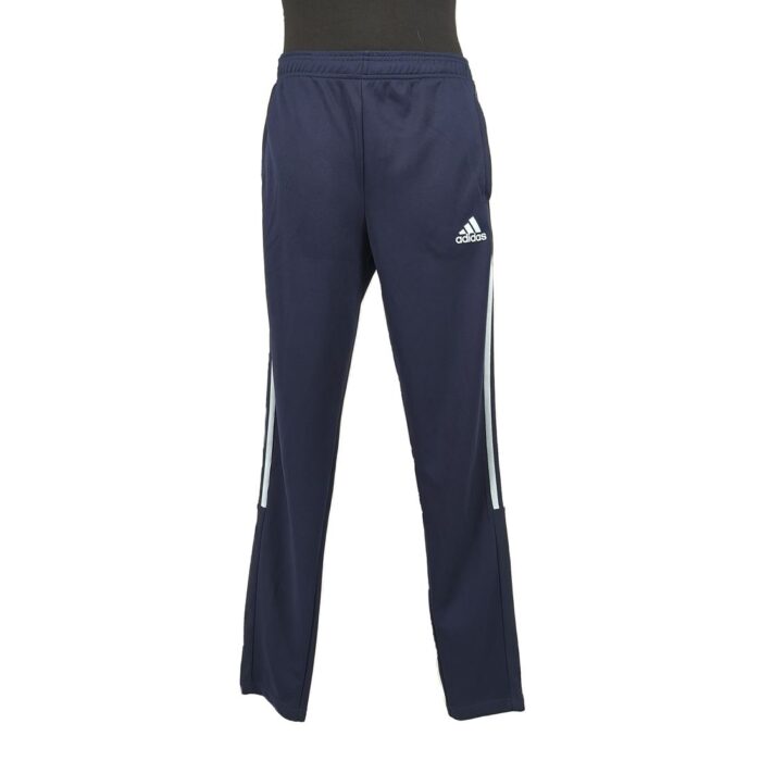 Front view of Adidas navy track pants with light blue side stripes