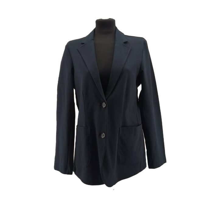 Front view of a vintage blazer Marc O’Polo in black, women’s retro jacket with two buttons and pockets.