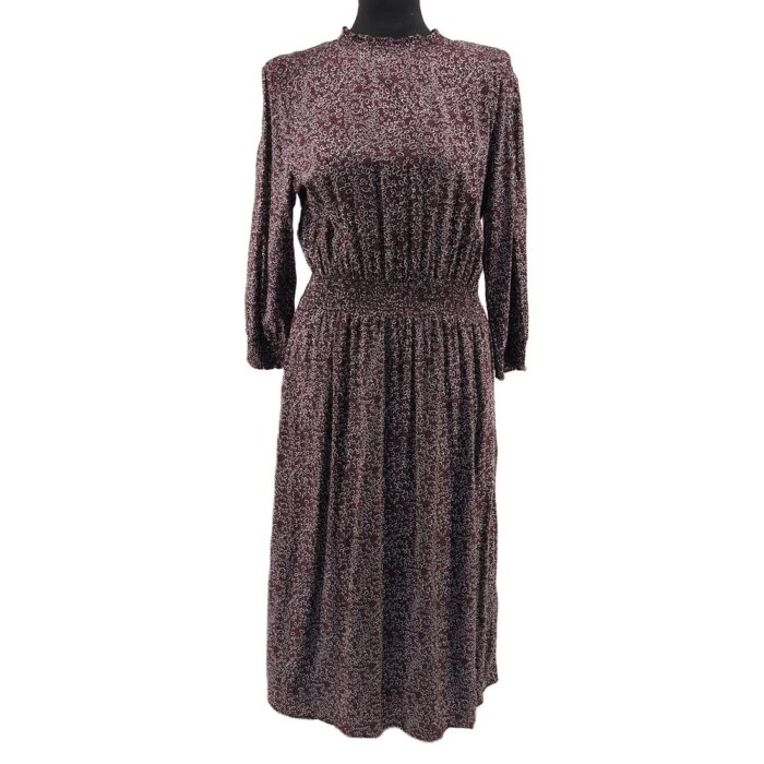 Front view of vintage dresses style Broadway Collection burgundy midi dress with retro print.