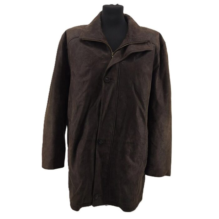 Front view of Engbers vintage men’s brown suede leather coat with button and zip closure.