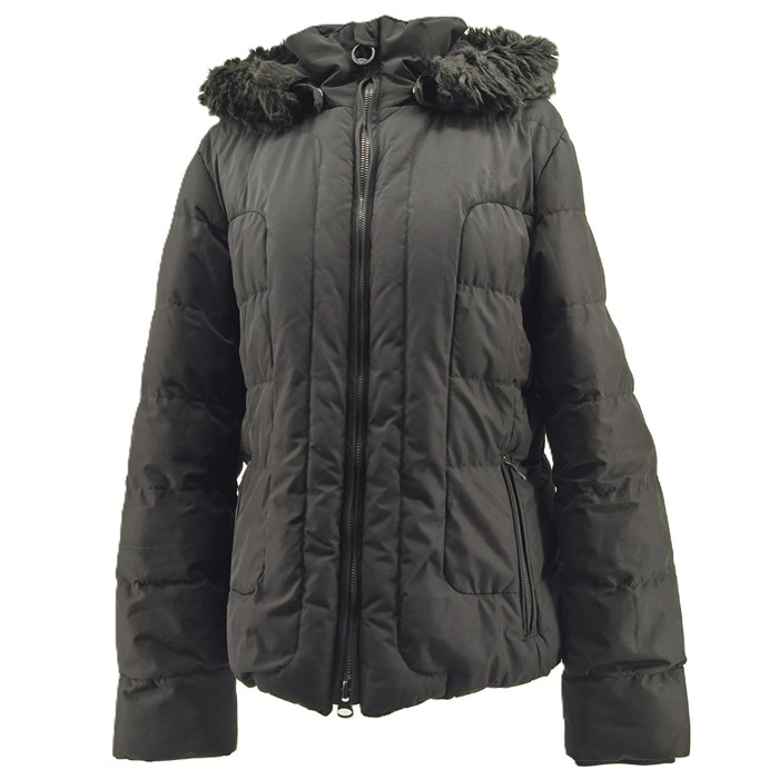 Front view of black Wellensteyn vintage women’s puffer jacket with faux fur hood