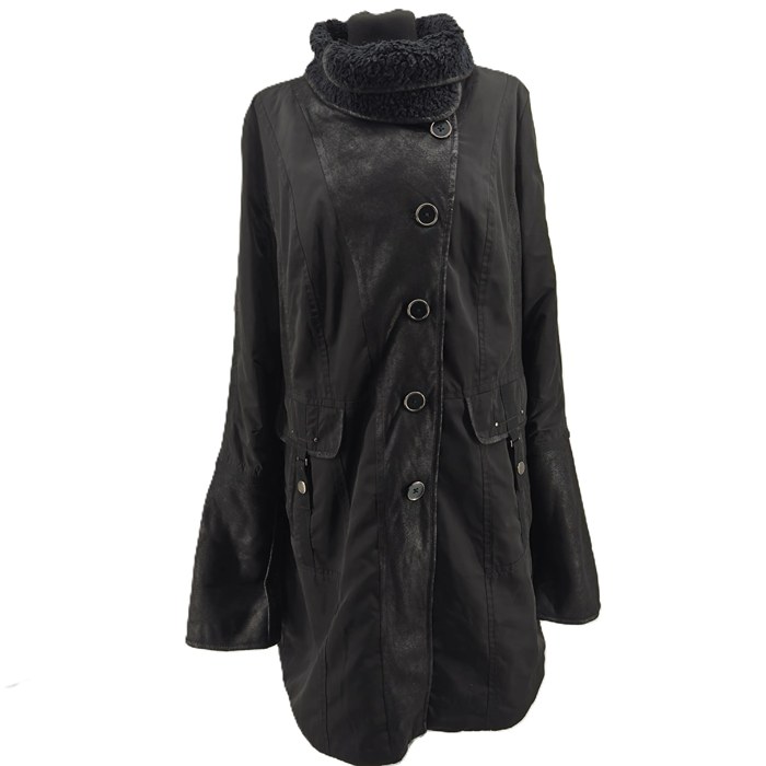 Front view of Bonita vintage black women's jacket with faux-fur collar and buttons – retro winter coat.