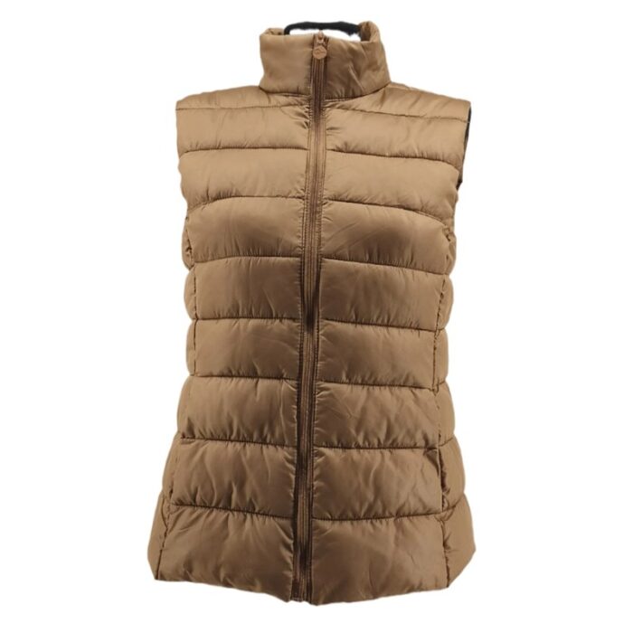 Front view of Ever.me vintage camel quilted vest for women – sleeveless retro gilet.