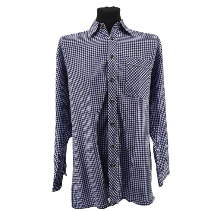 Front view of vintage men’s shirt OS in blue-white gingham, long sleeves, chest pocket, cotton button-up.