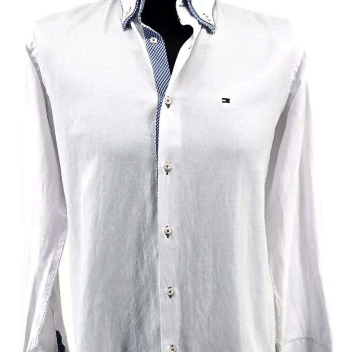 Front view of vintage men’s shirt Tommy Hilfiger – white slim-fit with gingham collar detail.