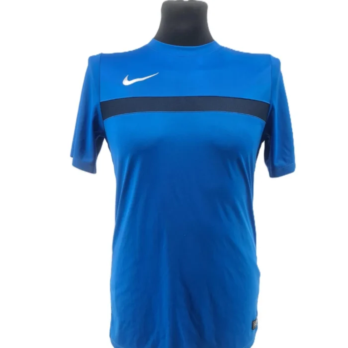 Front view of blue vintage Nike Dri-Fit men’s sports T-shirt with black stripe and white logo