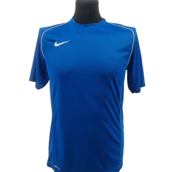 Front view of blue vintage Nike Dri-Fit men’s sports T-shirt with white piping and logo