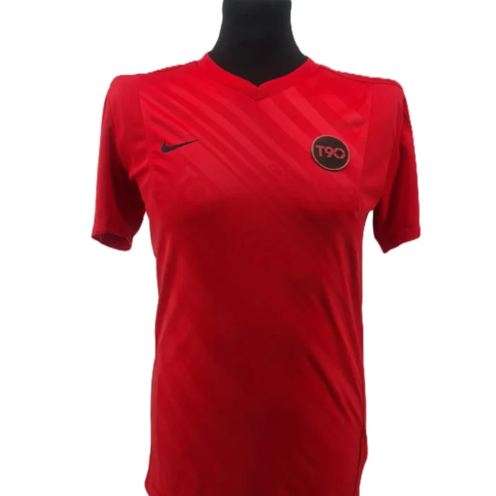 Front view of red vintage Nike T90 Dri-Fit men’s sports T-shirt with black logo