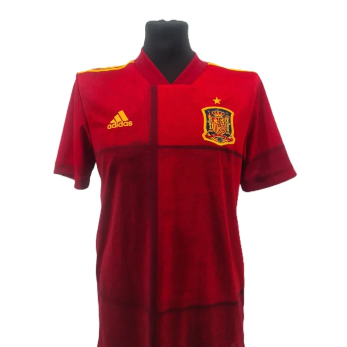 Front view of red vintage Adidas Spain men’s sports T-shirt with gold logo and crest