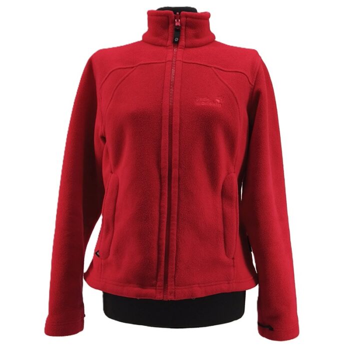 Red Jack Wolfskin vintage fleece jacket for women with zipper front – front view.