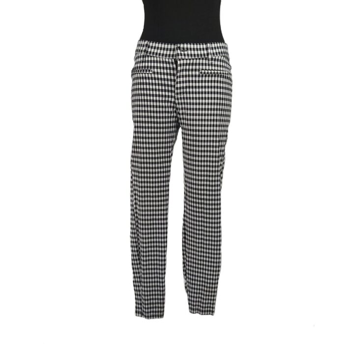 Front view of vintage trousers Janina in black & white checkered pattern on mannequin