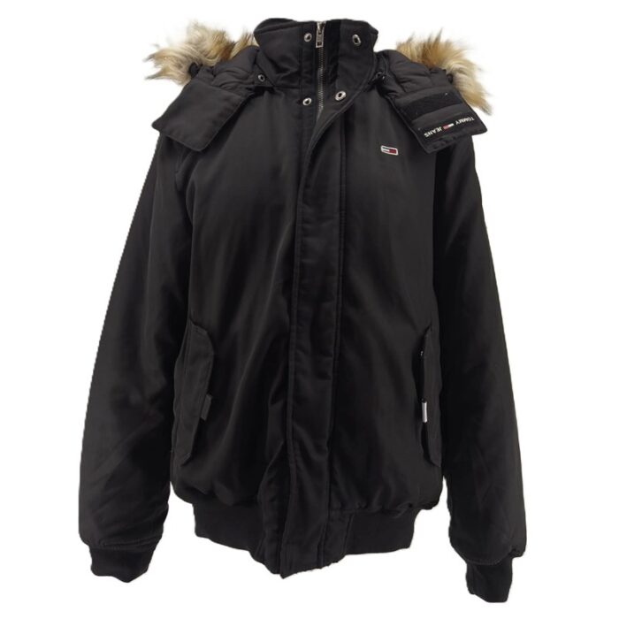 Front view of vintage jacket for men Tommy Jeans with faux fur hood – black retro winter bomber