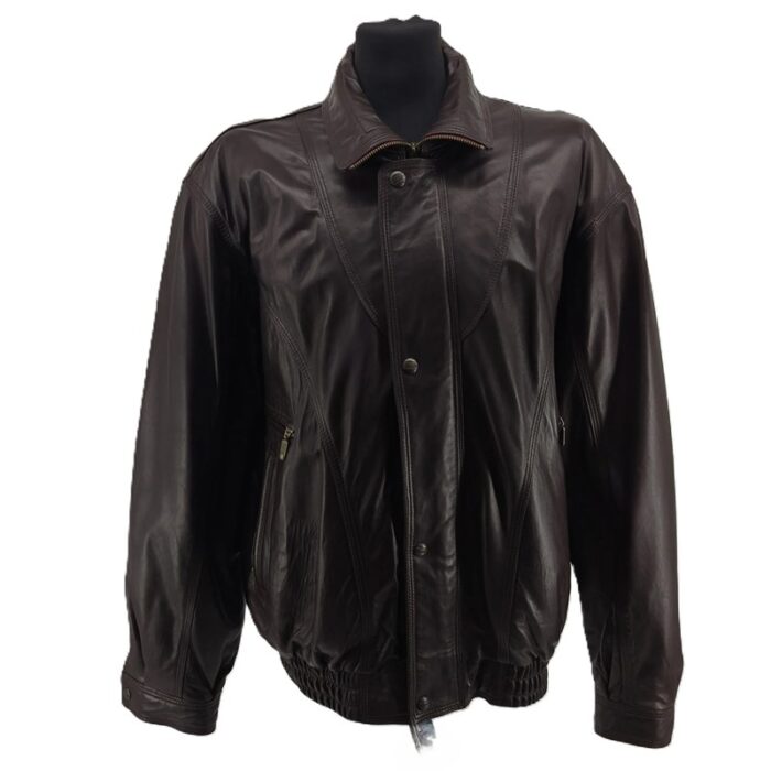 Front view of Maddox brown lamb-leather men’s vintage bomber jacket with zip and snap placket