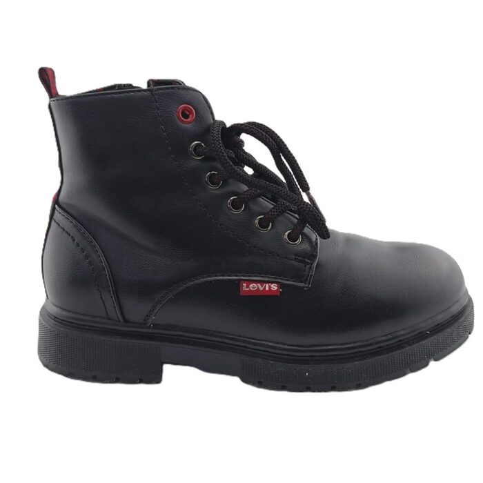Black Levi’s vintage lace-up boots for women with red details and logo tag