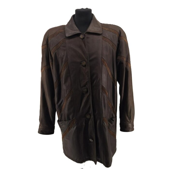 Front view of vintage jacket for men in brown leather with geometric panel design