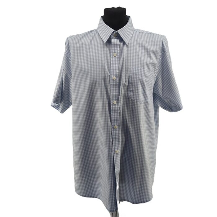Front view of vintage men’s shirt Land’s End in light blue gingham pattern with short sleeves and chest pocket.
