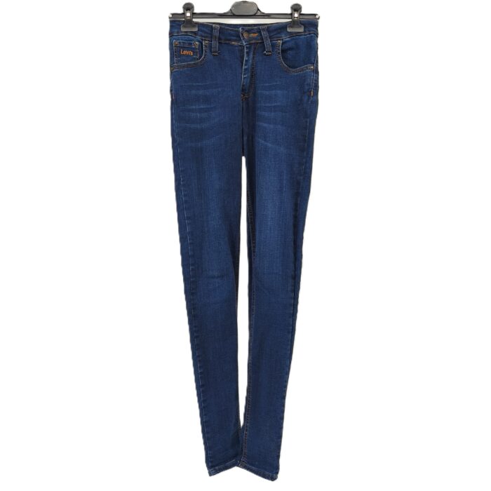 Front view of vintage Levi’s blue jeans showing high-waisted slim-fit cut and classic stitching