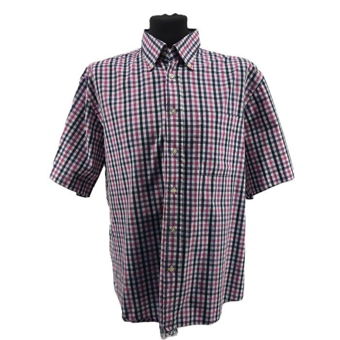 Front view of vintage men’s shirt Christian Berg in multicolor gingham pattern with short sleeves and chest pocket.