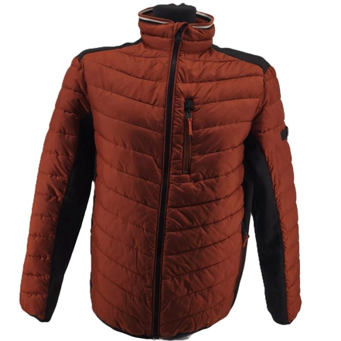 Front view of Jim Spencer vintage men’s puffer jacket in rust orange with black panels