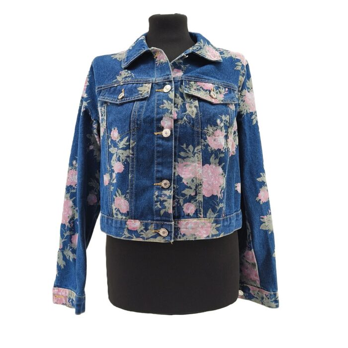 Front view of floral vintage denim jacket for women with pink rose pattern.