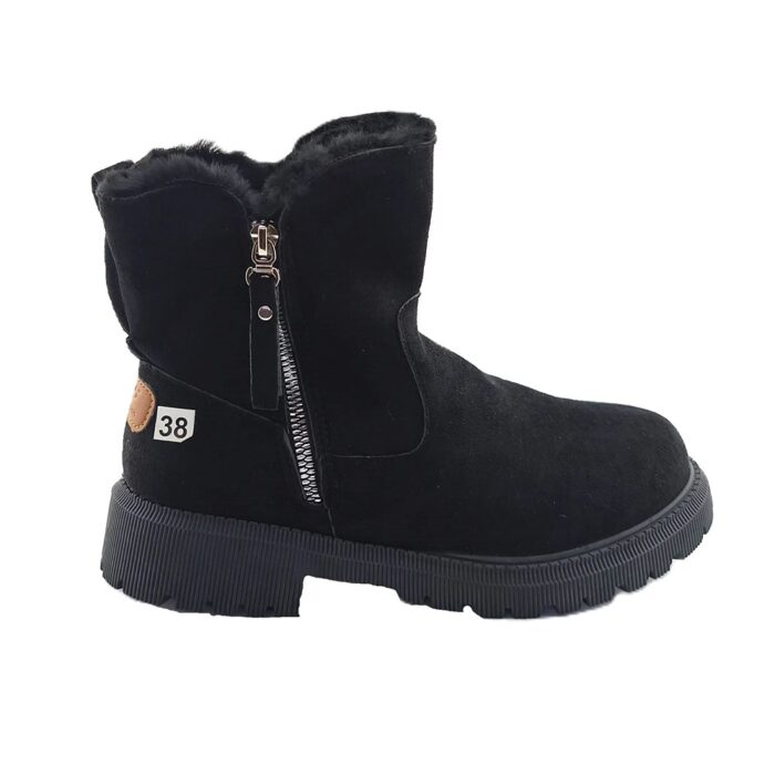 Black vintage boots with faux-fur lining and side zipper, left profile on white background