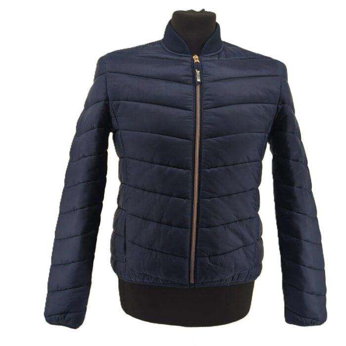 Front view of navy quilted vintage Mustang jacket for women with zip closure.
