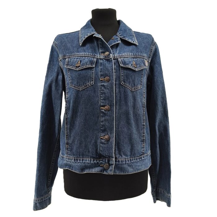 Front view of Esprit vintage denim jacket for women in mid-blue color.